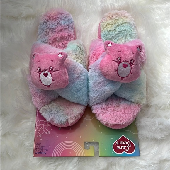 🆕 Care Bears Slippers Open Toe Crisscross Straps Pastel Rainbow Tye-Dye 9-10 - Picture 1 of 11